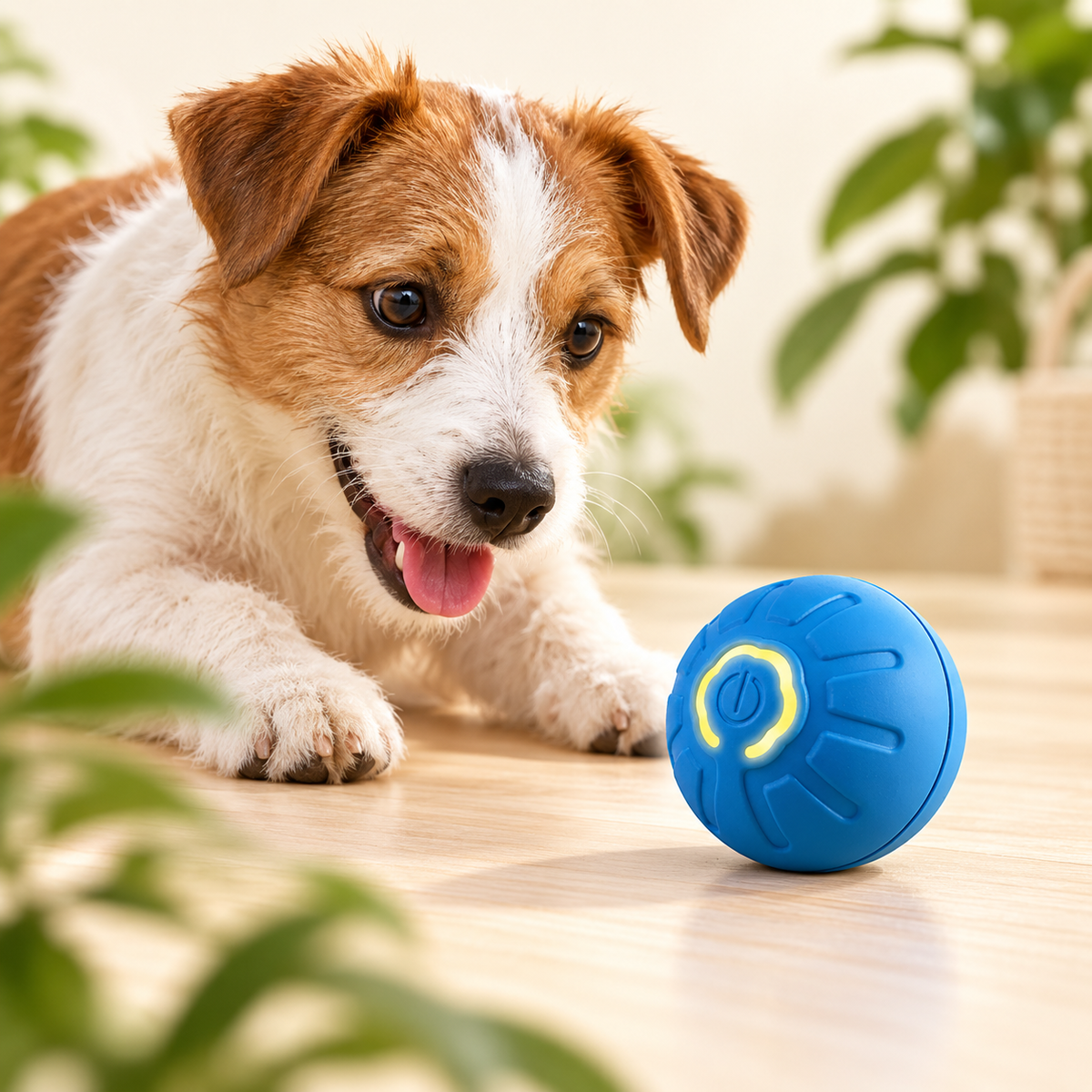 Blauwe speelbal bij een kleine hond
