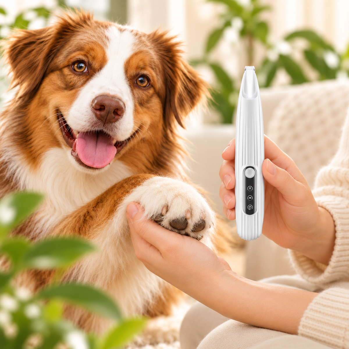 Rechte witte precisietrimmer met één scheerkop naast het pootje van een hond