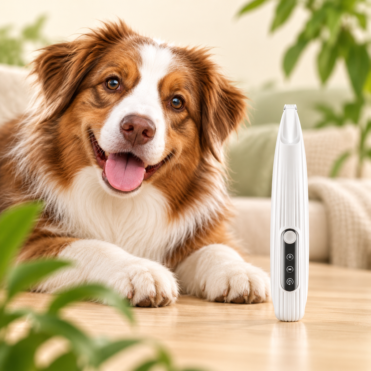 Witte trimmer met één scheerkop naast ontspannen hond